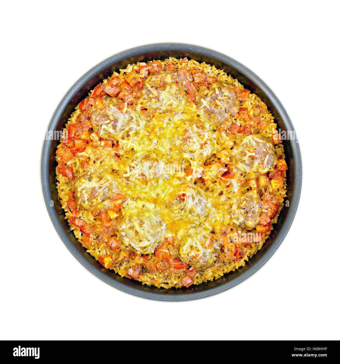 Casserole with meatballs and rice in frying pan Stock Photo Alamy