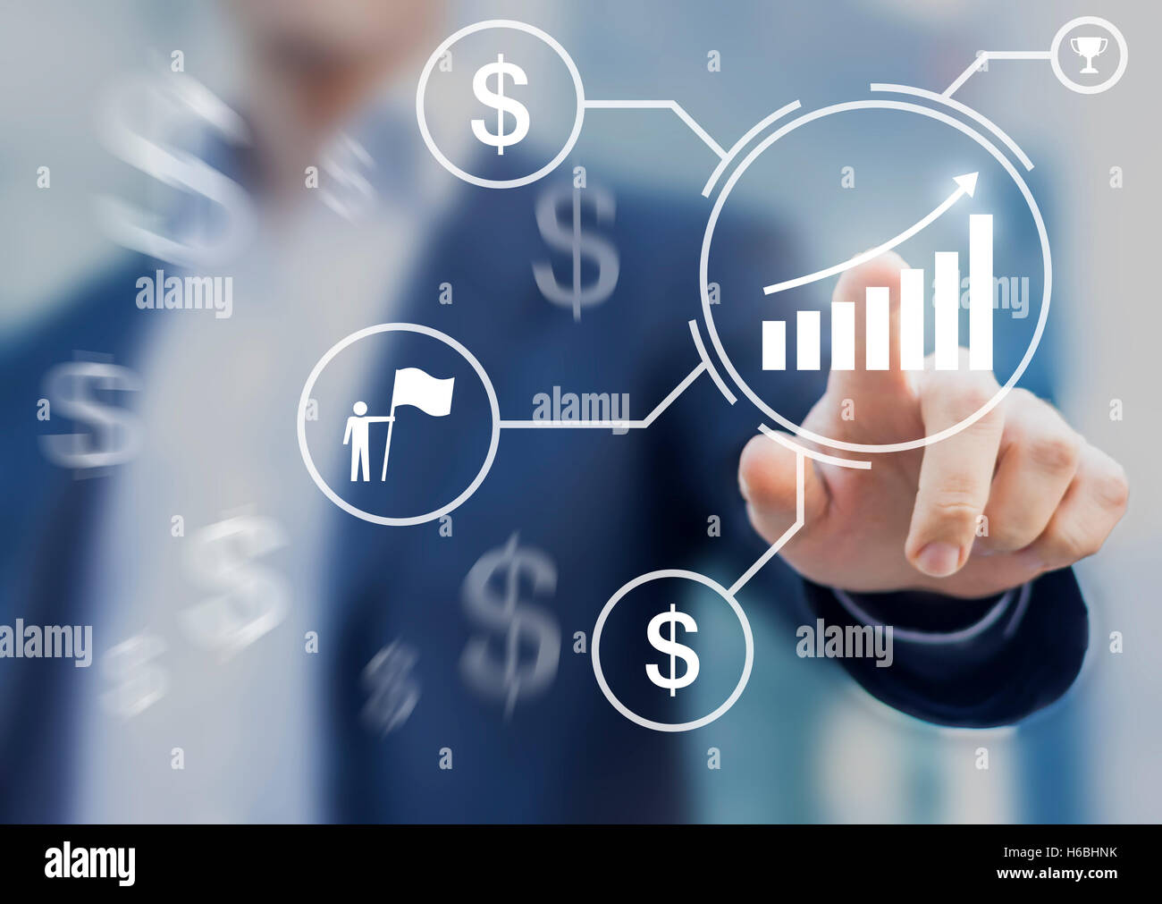 Successful business with dollar sign and rising chart showing increase in profit Stock Photo