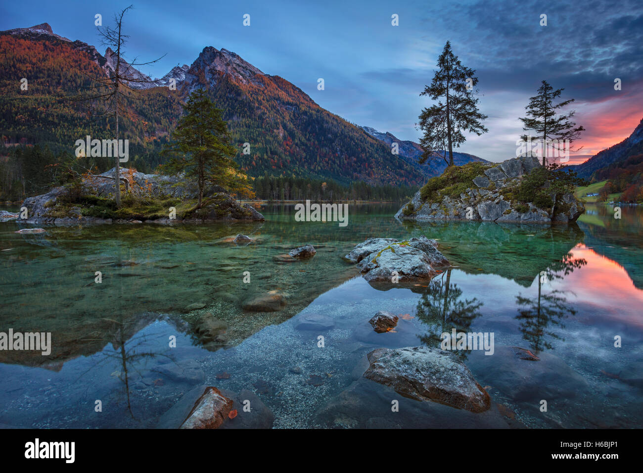 Alps in autumn. Image of Hintersee located in southern Bavaria, Germany during autumn sunset. Stock Photo