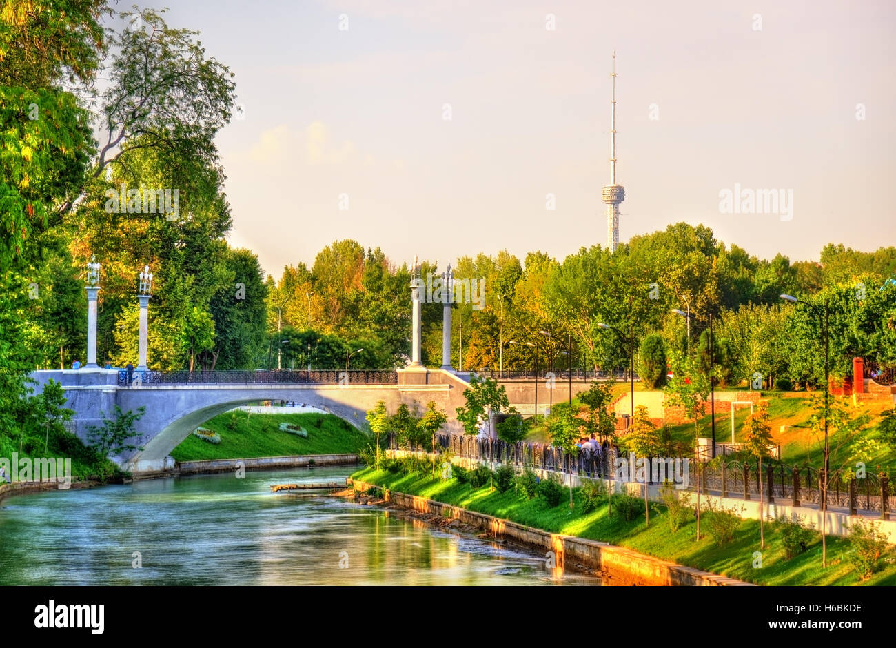 Scenic view of Anchor Canal with TV tower in the background - Tashkent, Uzbekistan Stock Photo