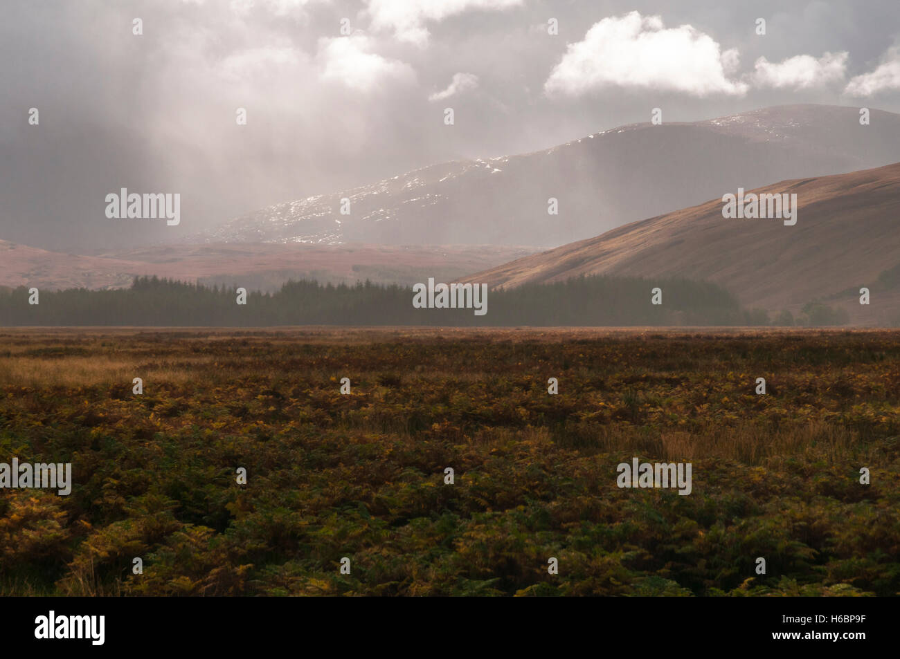 Heavy weather approaching Strath More in Sutherland, Scotland Stock