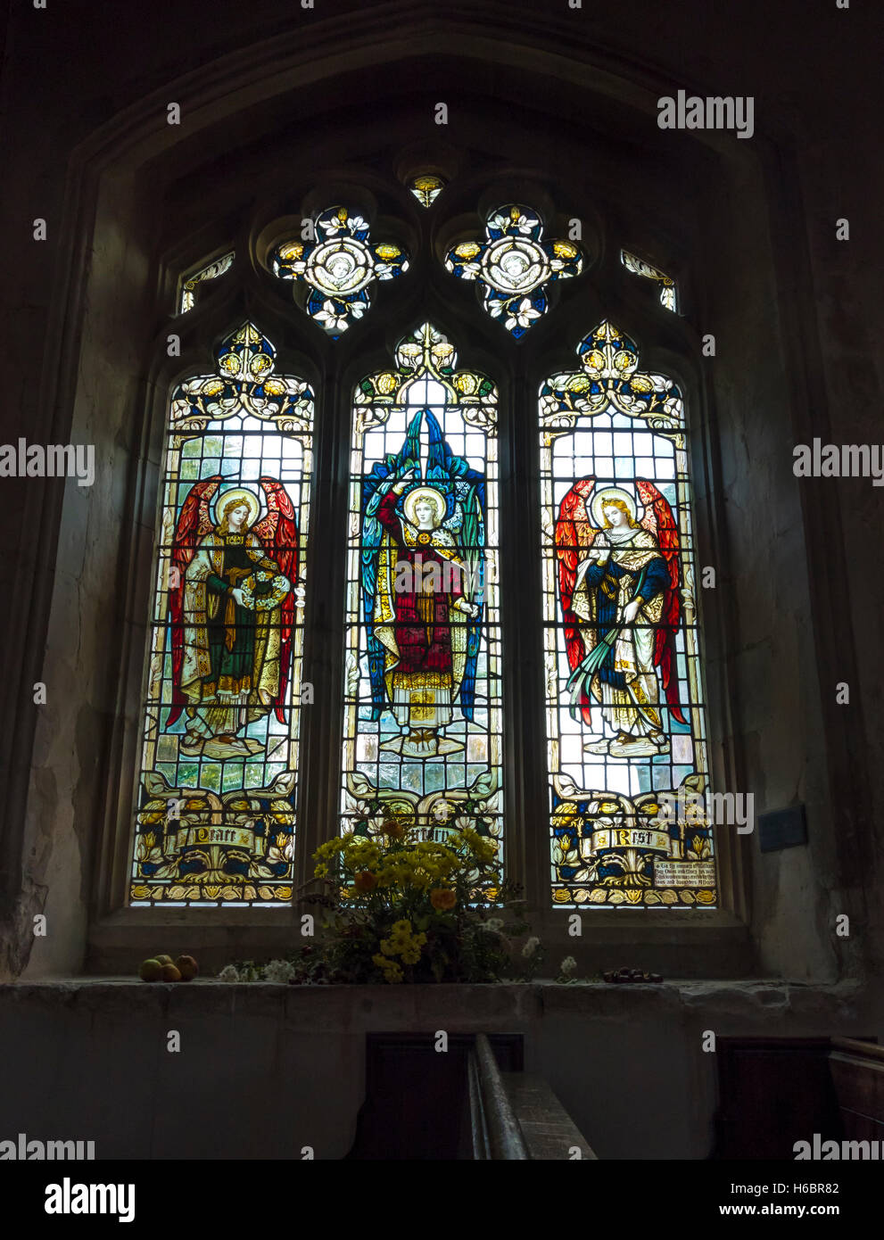 Stained glass window in St John the Baptist church Finchingfield Essex England 2016 Stock Photo