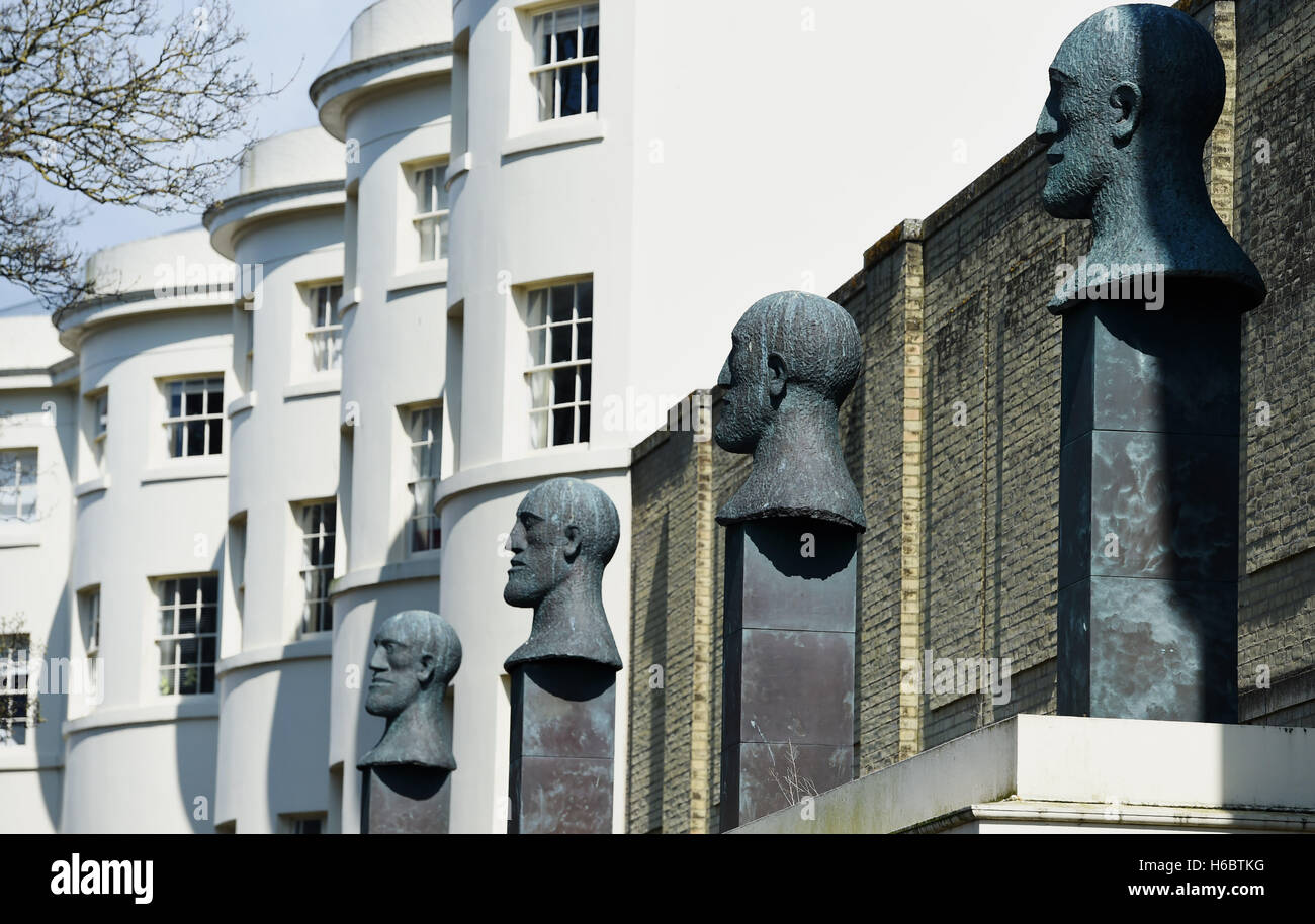 Worthing Views UK - The Dame Elisabeth Frink heads sculptures Stock Photo