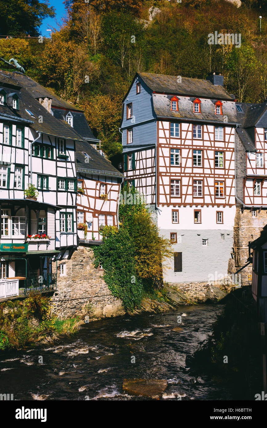 The medieval town Monschau in Germany by the river Ruhr. Stock Photo
