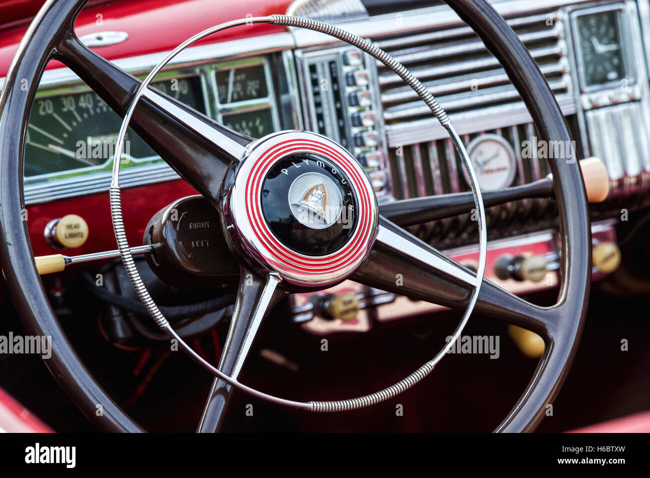 1947 Plymouth steering wheel and dashboard. Classic American car1947 Plymouth steering wheel and dashboard. Classic American car Stock Photo