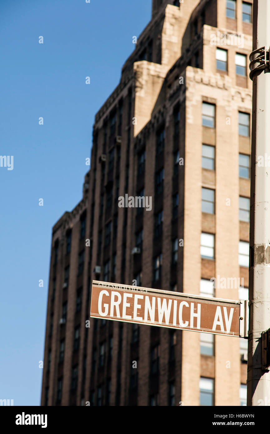 Street sign depicting it is Greenwich Ave. in Manhattan, New-York. Stock Photo