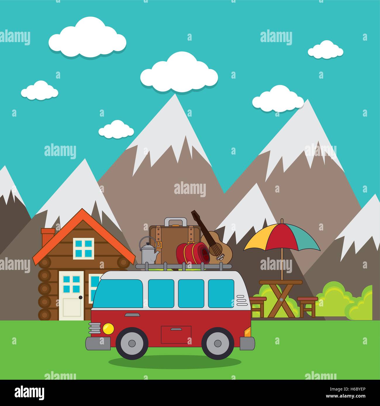 Blue camper in landscape Stock Vector Images - Alamy