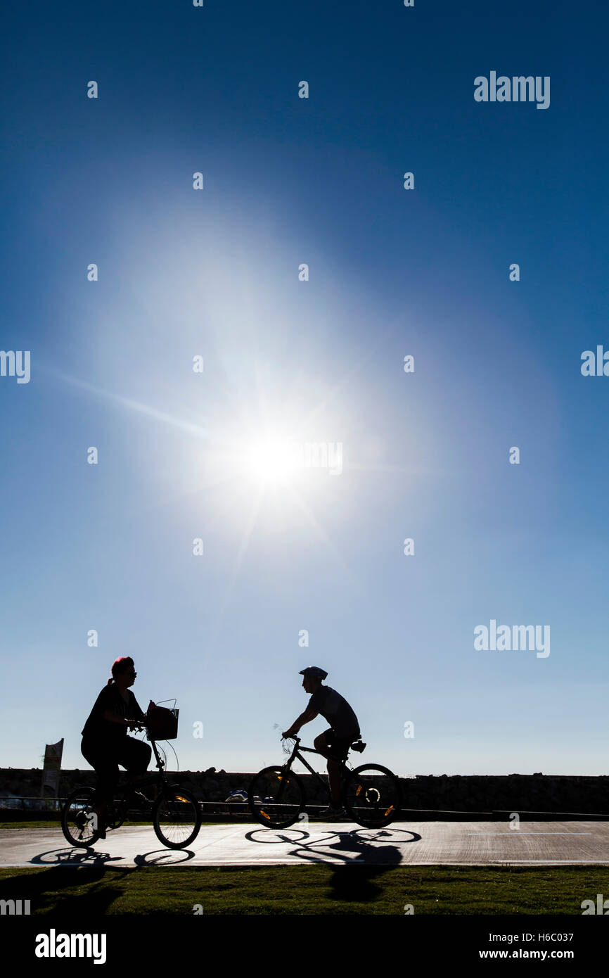Silhouette of cyclers passing on a park path on a clear summer day, afternoon sun shining. Stock Photo