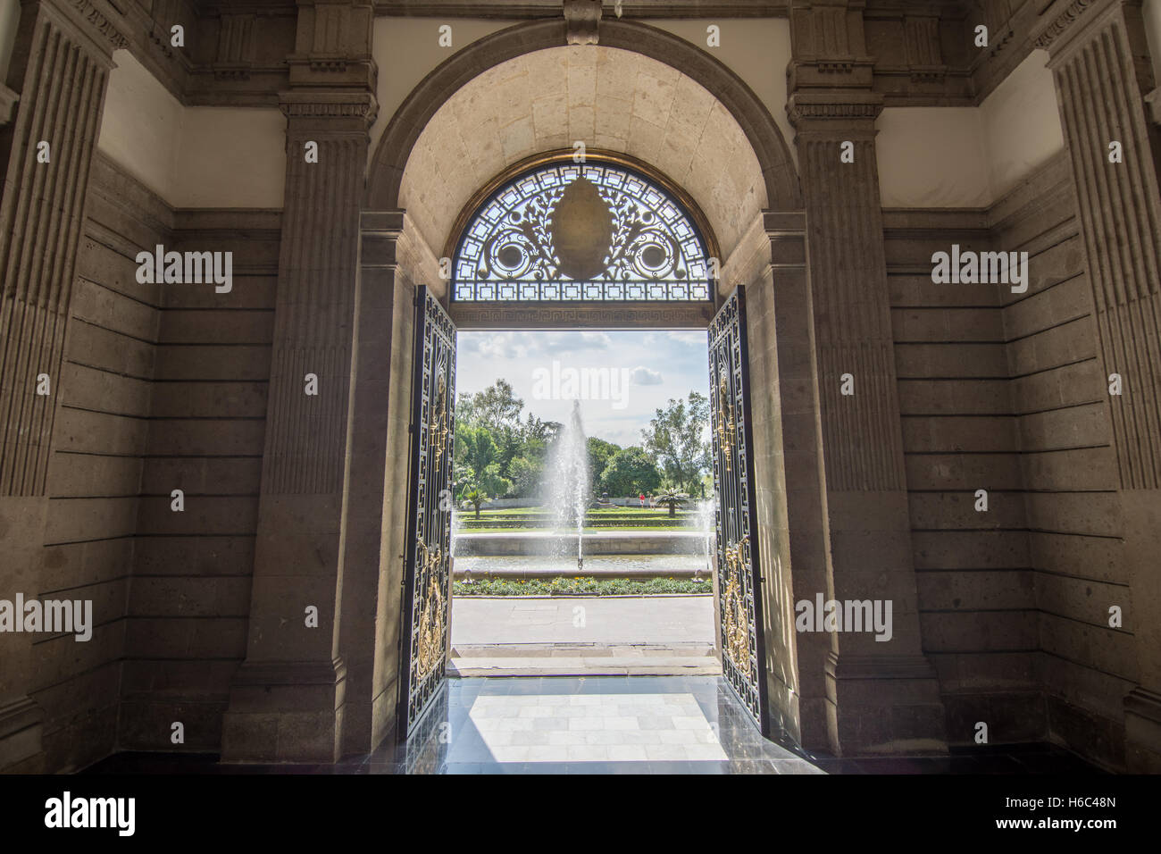 Looking out into the garden of Chapultepec Castle, Mexico City. Stock Photo