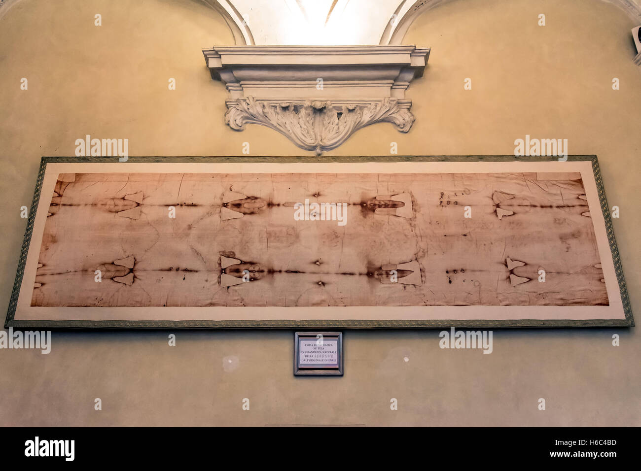 Royal Church of San Lorenzo interior with a copy of the holy Shroud in Turin, Italy. Stock Photo