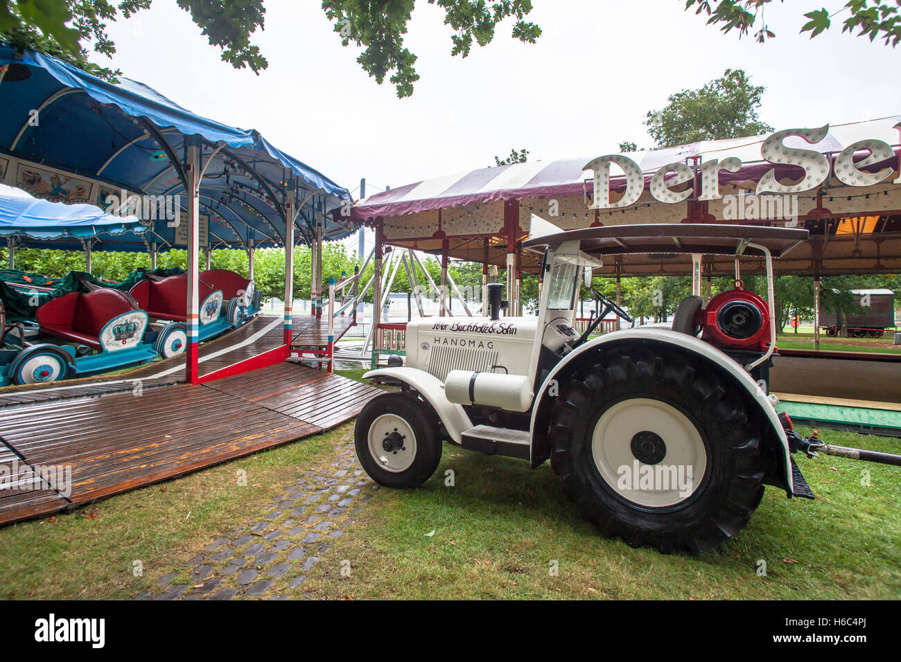 Europe, Germany, Duesseldorf, old Hanomag tractor on a fun fair near the state parliament. Stock Photo