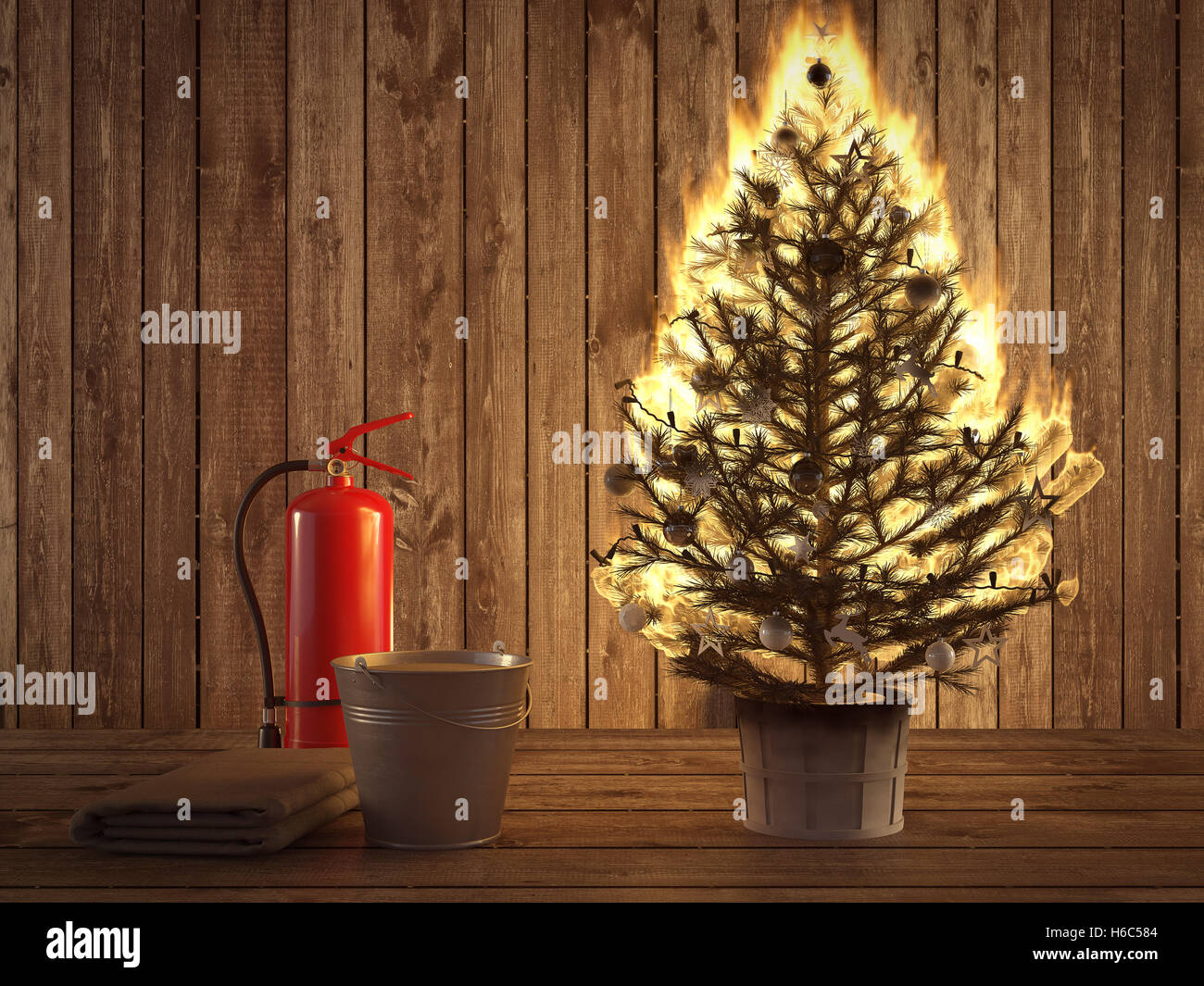 burning christmas tree with extinguisher and bucket beside. 3d rendering Stock Photo Alamy