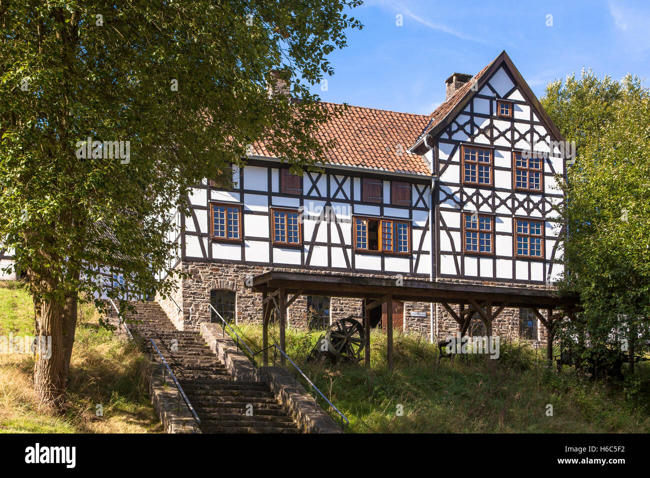 Europe, Germany, Hagen, Hagen Open-air Museum, half-timbered house, drive belt workshop. Stock Photo