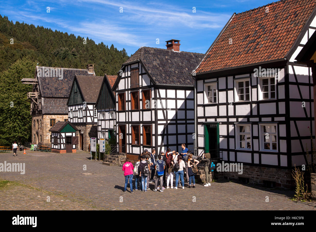 Europe, Germany, Hagen, Hagen Open-air Museum, half-timbered houses on the village square. Stock Photo