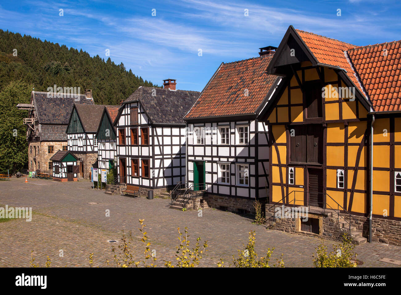 Germany, Hagen, Hagen Open-air Museum, half-timbered houses on the village square. Stock Photo