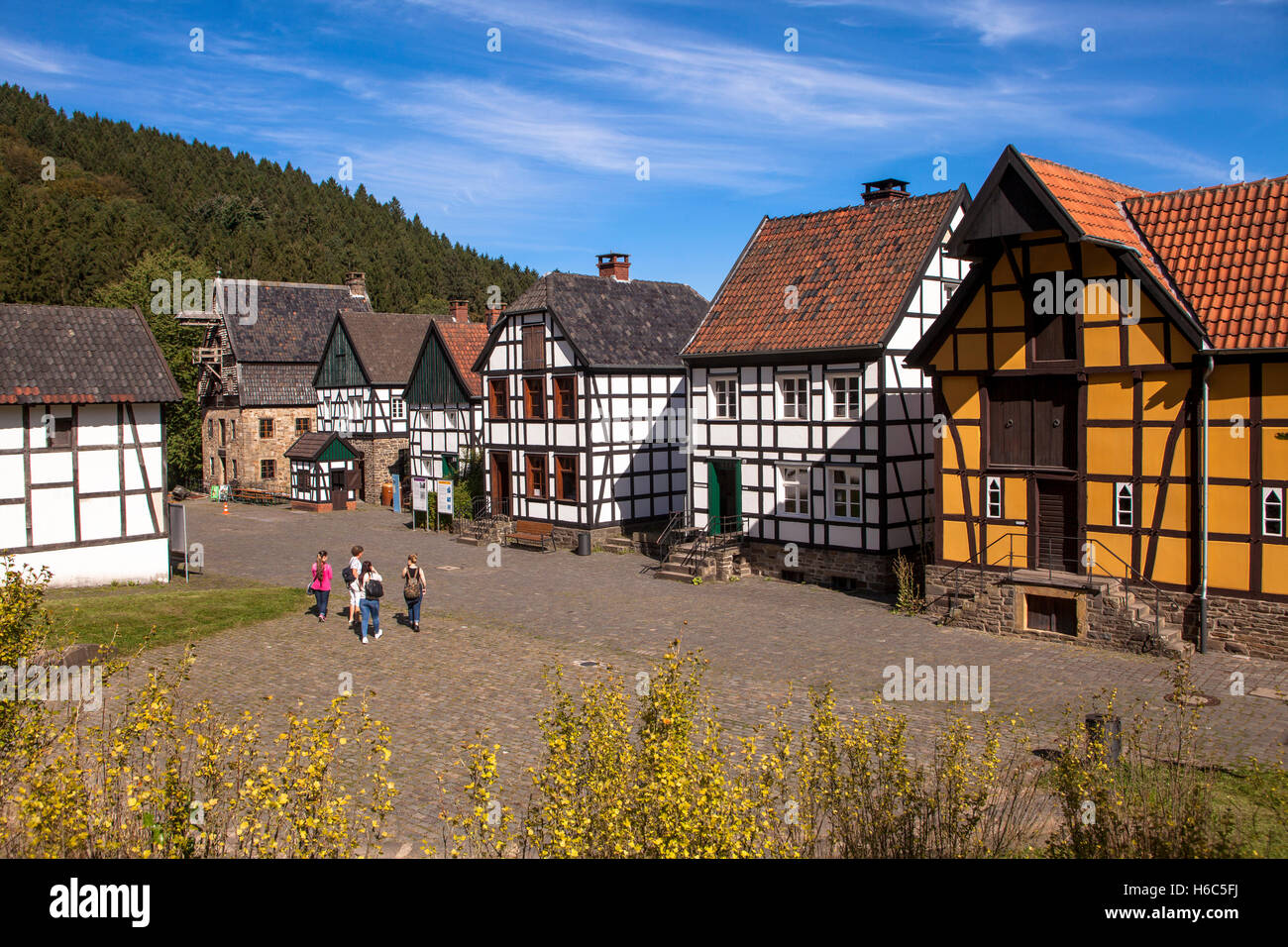Germany, Hagen, Hagen Open-air Museum, half-timbered houses on the village square. Stock Photo