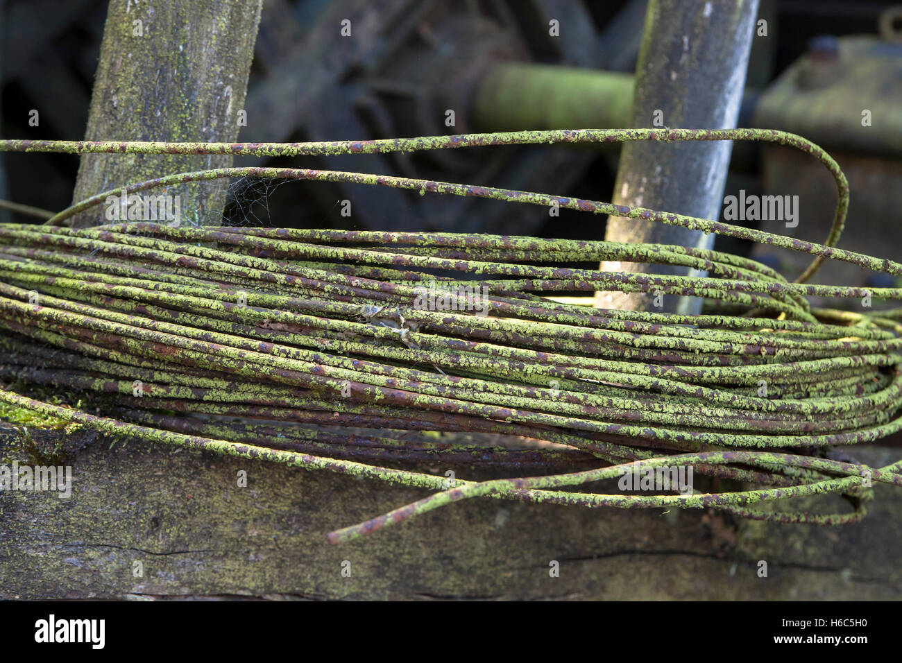 Germany, Hagen, Hagen Open-air Museum, copper rust on wire in front of a wire-drawing mill. Stock Photo