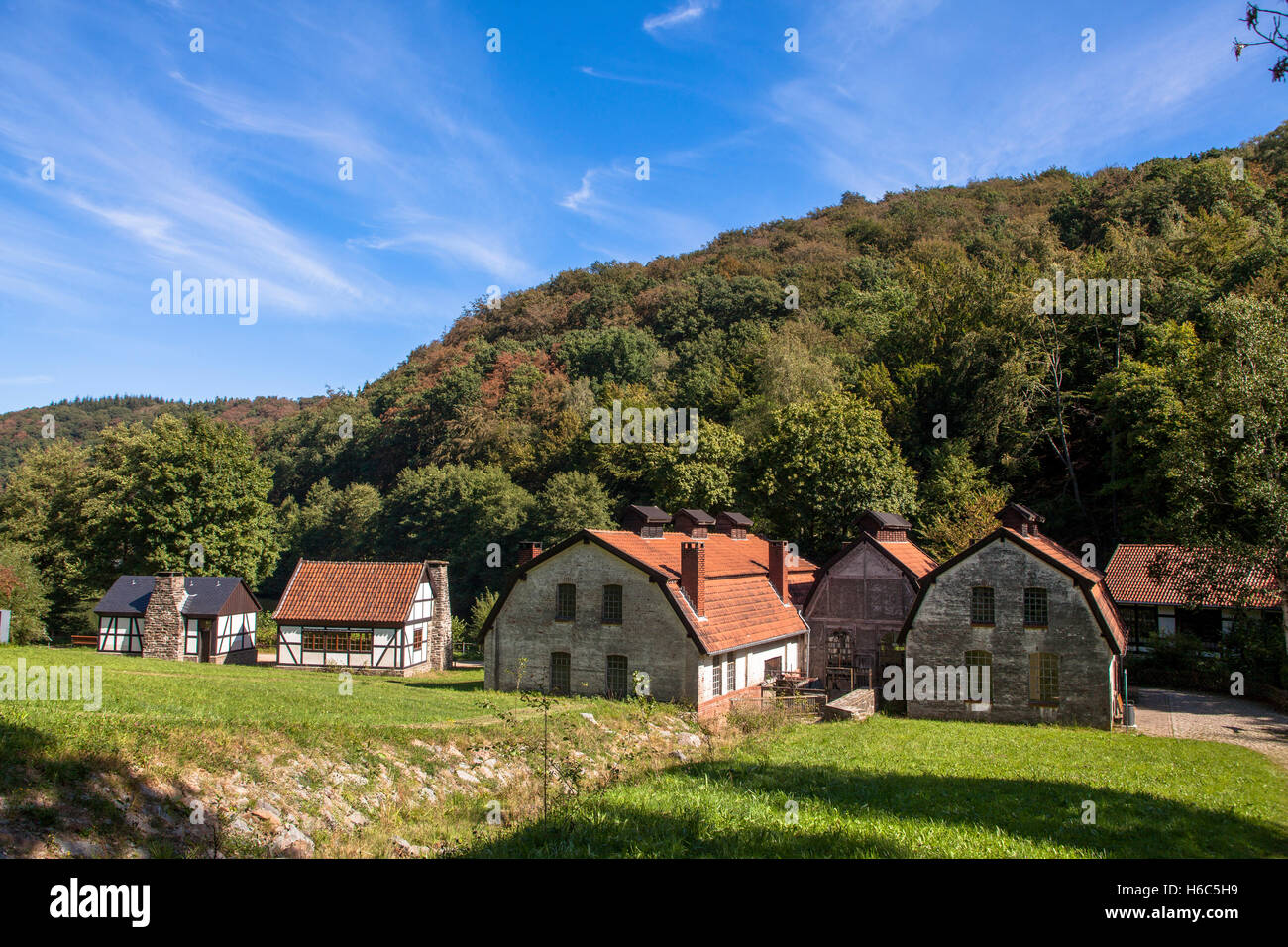 Germany, Hagen, Hagen Open-air Museum, this buildings housing a trip hammer used to craft scythes. Stock Photo