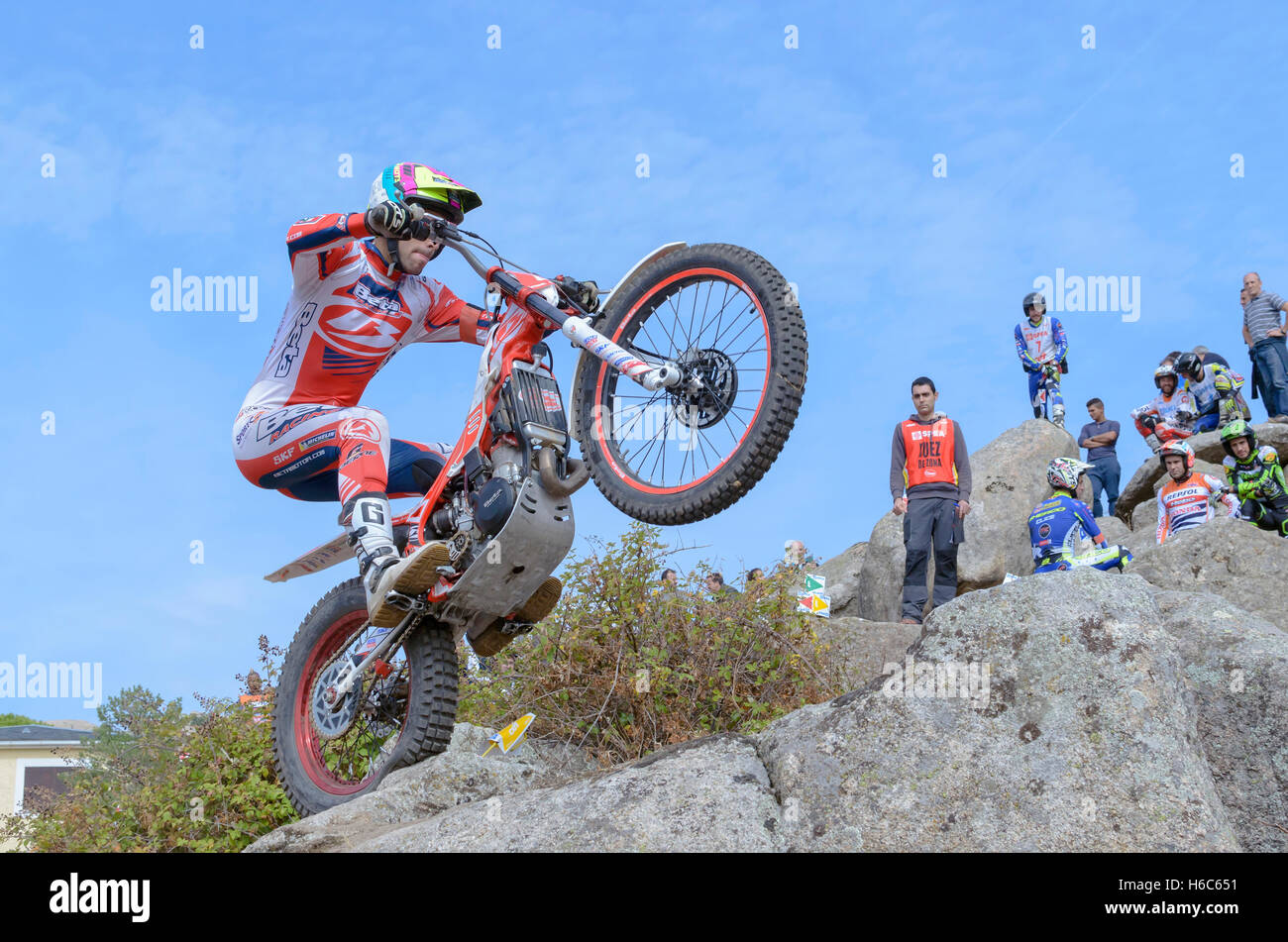 Motorcycling. Trial race. Spain championship. Jorge Casales overtaking ...