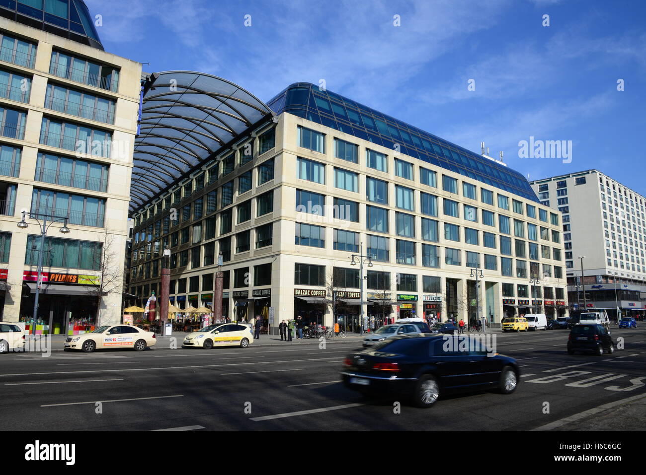 Modern shops and offices on Karl-Liebknecht Strasse, in the former East ...