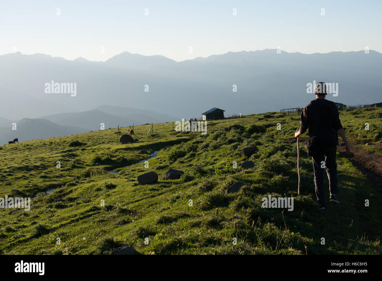 Young man taking an excursion on a mountain Stock Photo - Alamy
