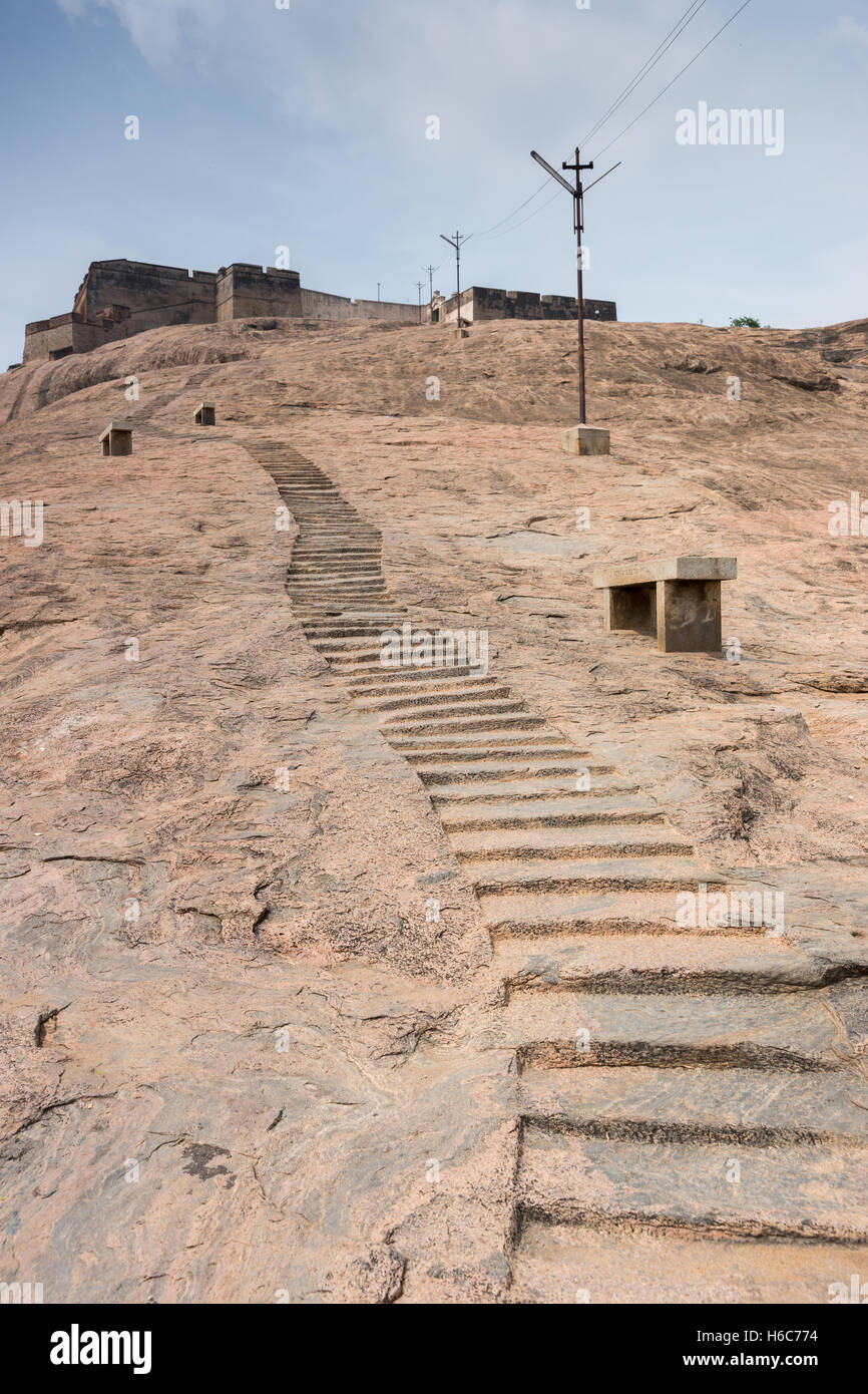 Stairs in boulder leading to Dindigul Rock Fort. Stock Photo