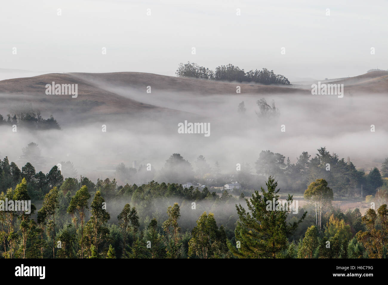 Morning fog rolling in on the hills above the houses Stock Photo - Alamy