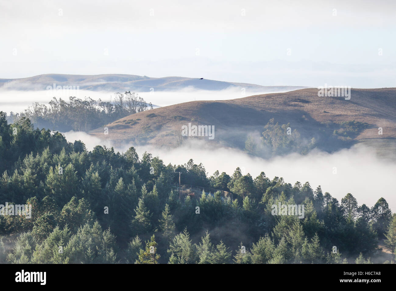 Morning fog rolling in on the hills above the houses Stock Photo - Alamy