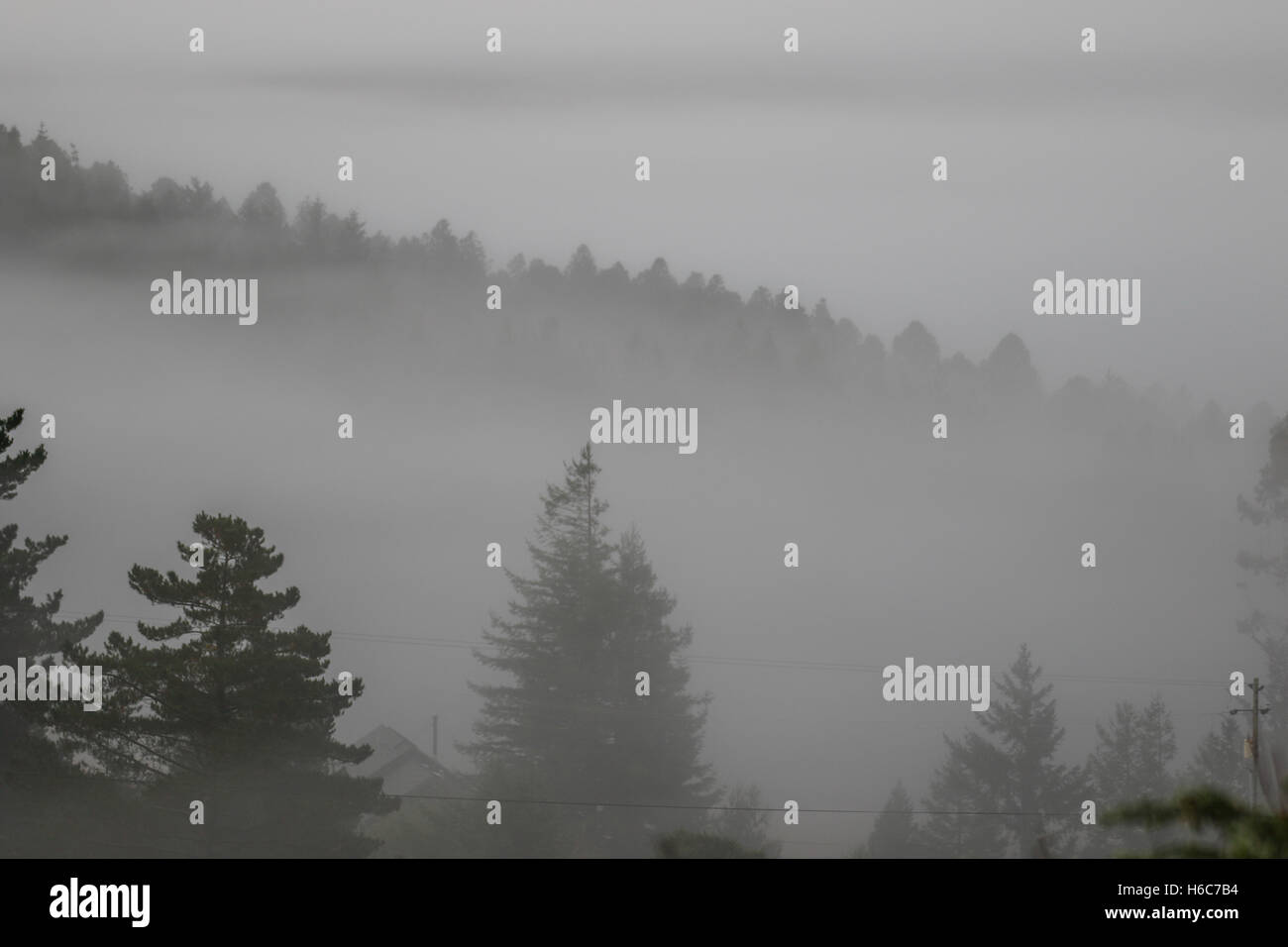 Morning fog rolling in on the hills above the houses Stock Photo - Alamy
