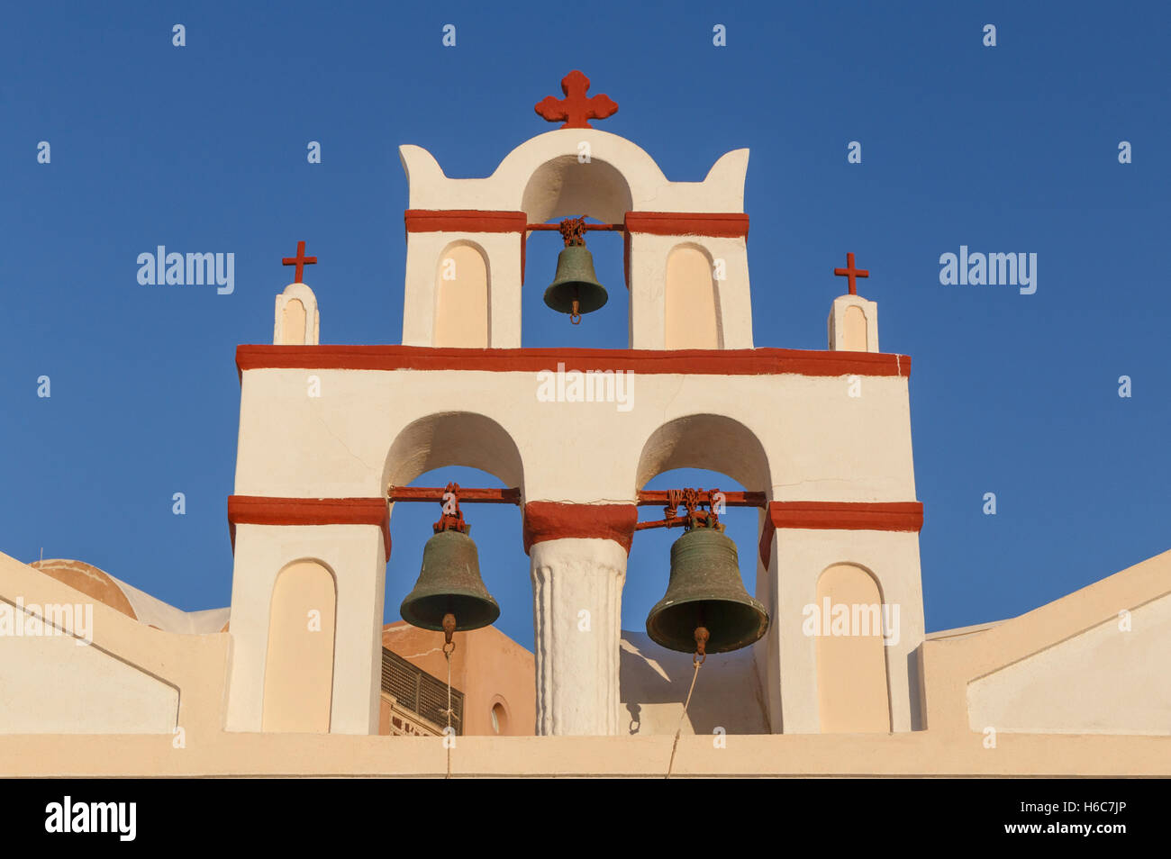 bell tower of church in Oia on Santorini Stock Photo