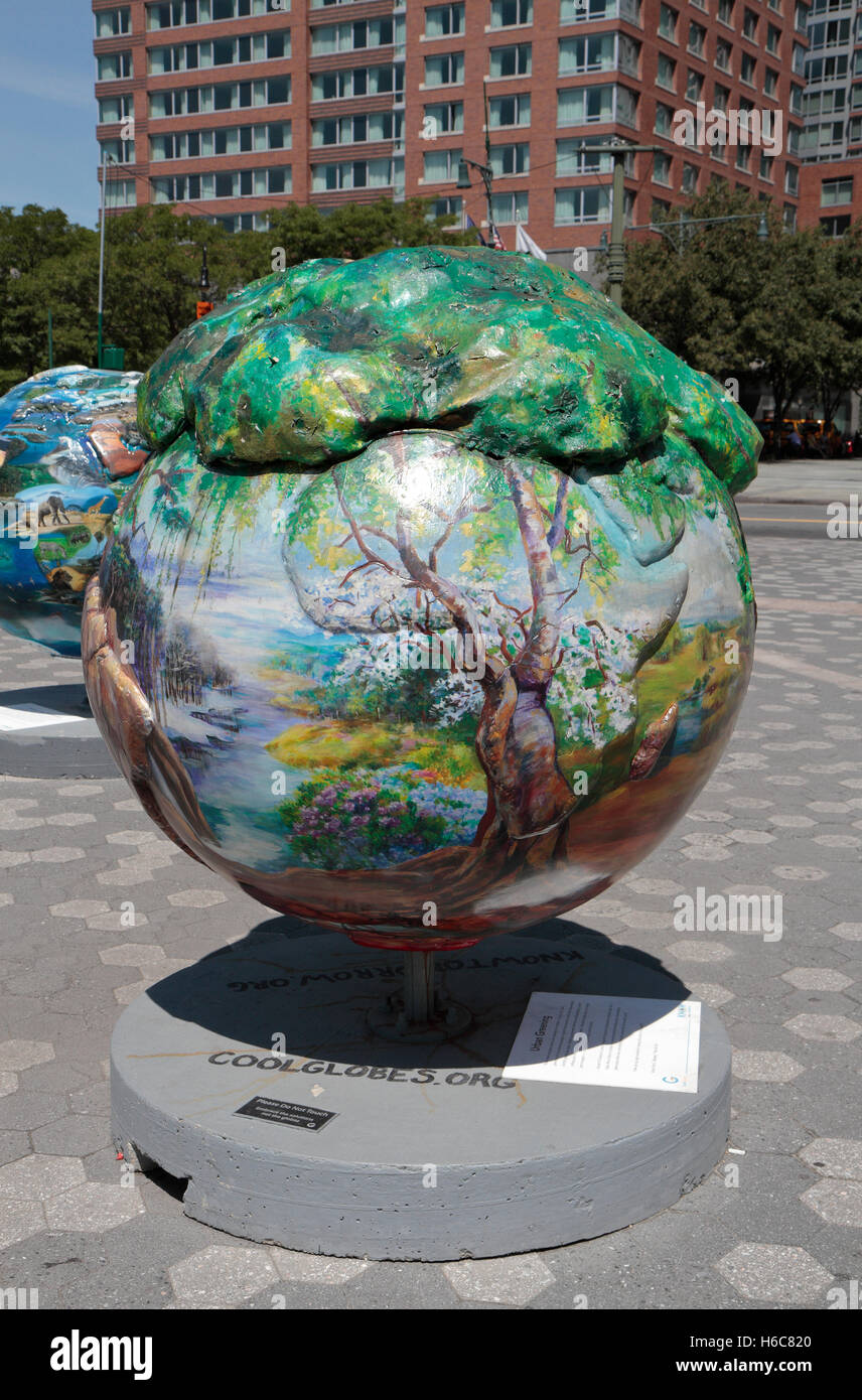 'Tree of Life' by Kim C. Massey, one of the “Cool Globes” exhibit in Battery Park, Manhattan, New York, United States. Stock Photo