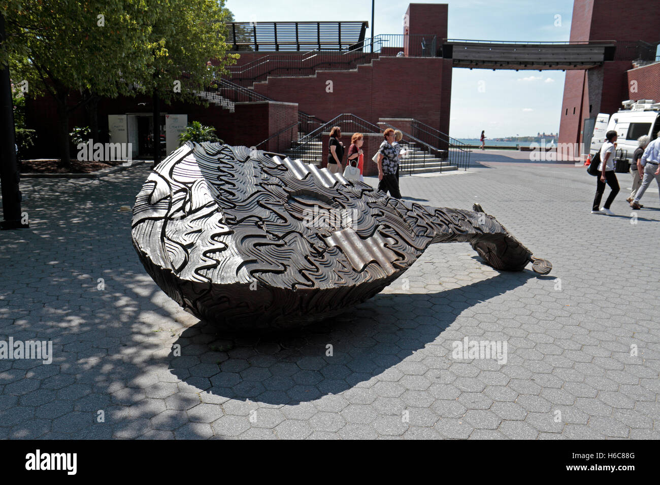 The lute component of Resonating Bodies by Tony Cragg in Robert F. Wagner Park, Manhattan, New York, United States. Stock Photo