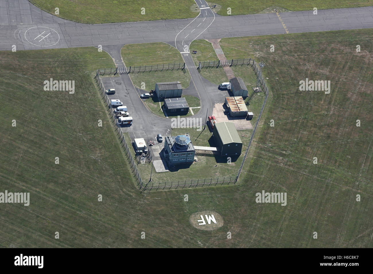 An aerial view of the Control Tower at the Devon airfield at Merryfield Stock Photo