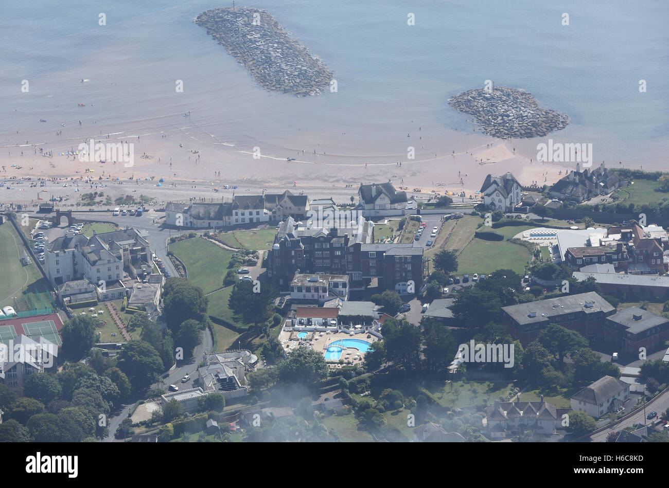 Aerial views of the Devon coast town of Sidmouth as the morning mist starts to clear. Stock Photo