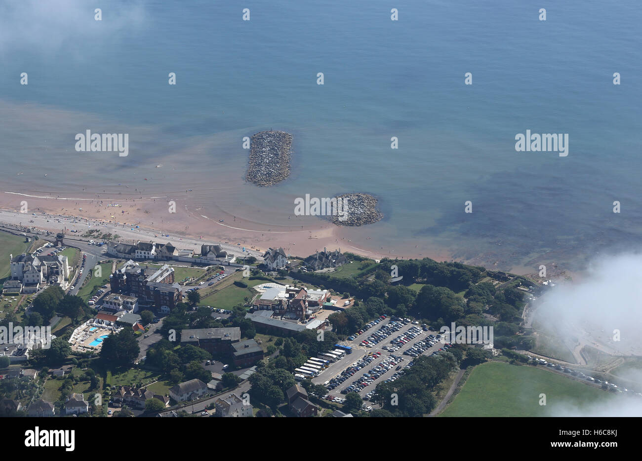 Aerial views of the Devon coast town of Sidmouth as the morning mist starts to clear. Stock Photo