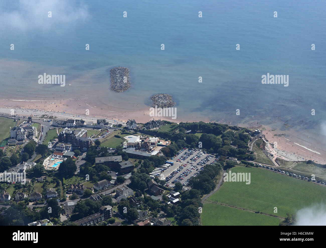 Aerial view of the Devon coast town of Sidmouth as the morning mist starts to clear Stock Photo