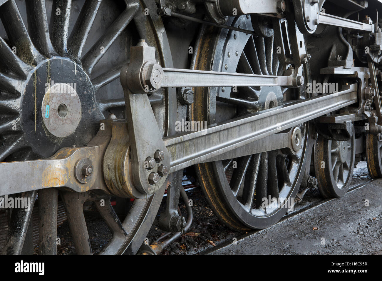 Detailed view of the running gear of a steam train. Large wheel in foreground with piston rod in full view to front wheels. Stock Photo