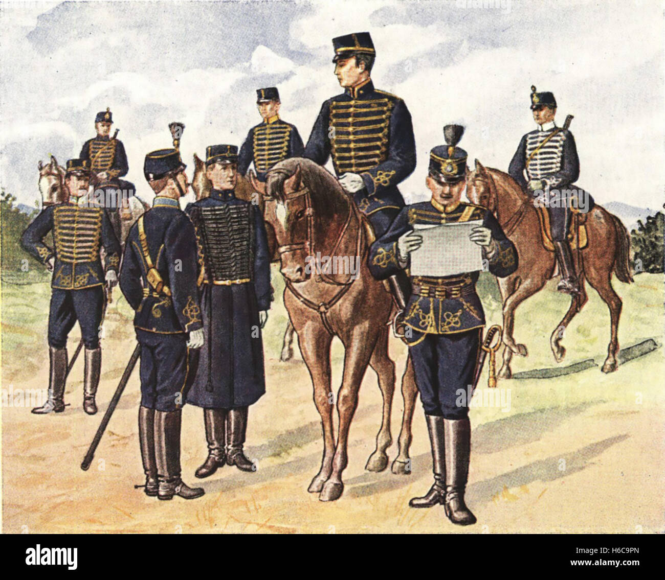 SWEDISH HUSSAR GROUP in 1895. From Nordisk familjebok (encyclopedia) 3rd edition Stock Photo