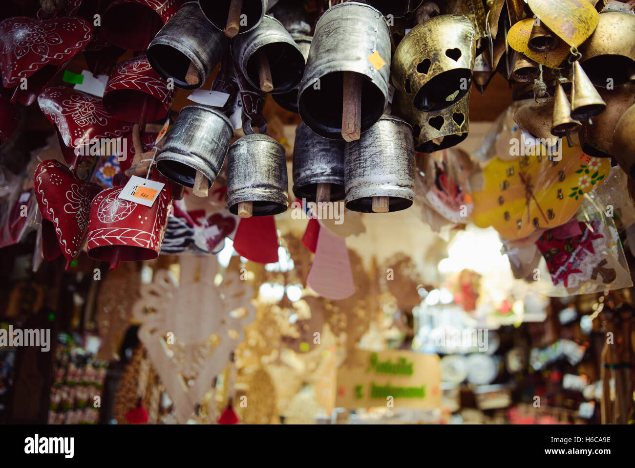 Cow bells in the shop, souvenir from Poland Stock Photo