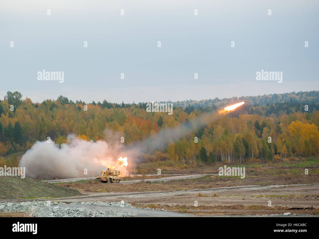 Rocket launch by TOS-1A system Stock Photo