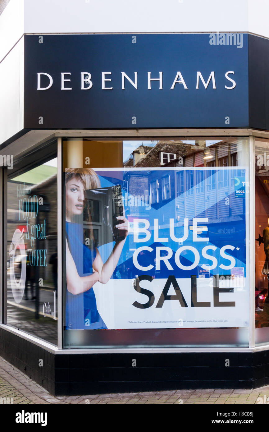 Debenhams department store in King's Lynn High Street advertises a Blue Cross Sale. Stock Photo