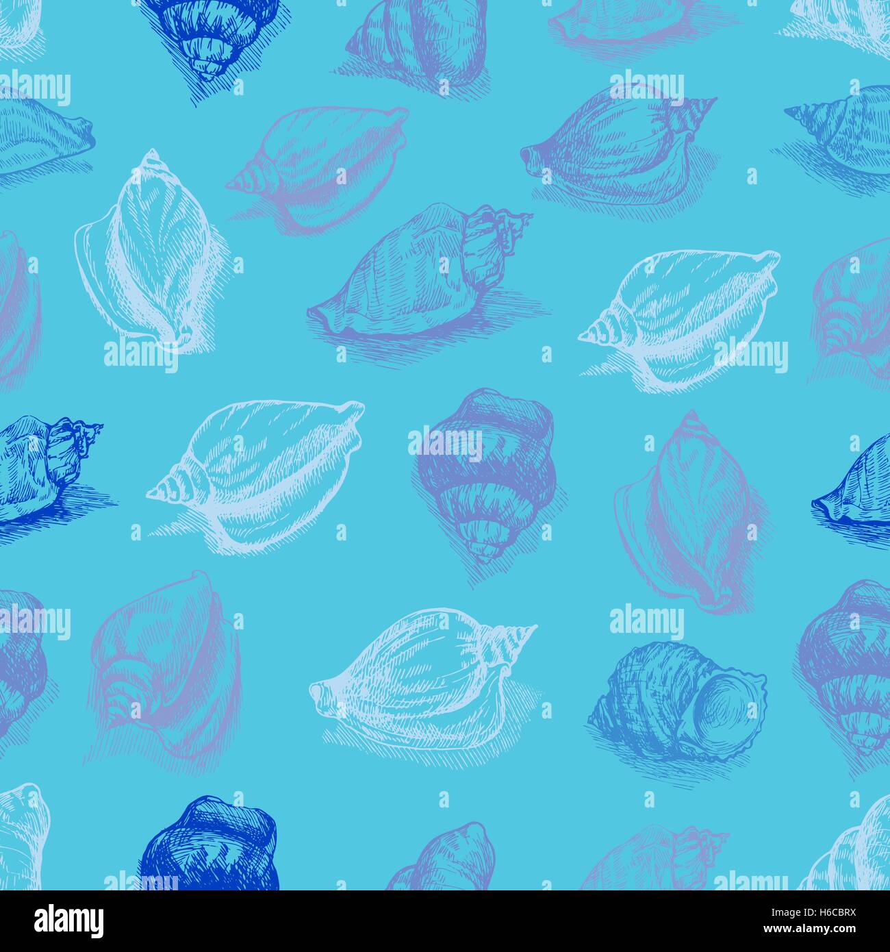 Vector seamless pattern sketch of seashells ion blue background. Hand ...