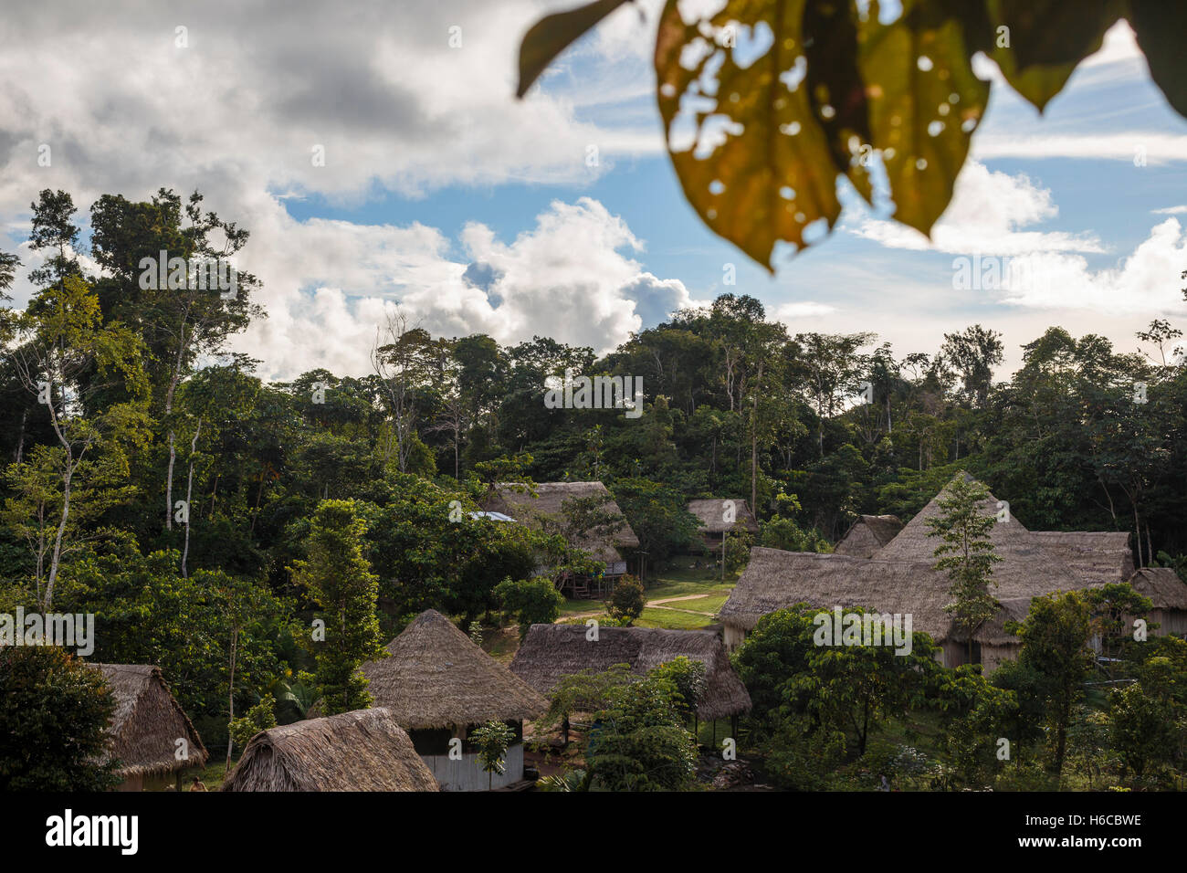 An Ayahuasca plant medicine Healing center and Maloca in the Peruvian Amazon rainforest in a jungle clearing near Iquitos Stock Photo