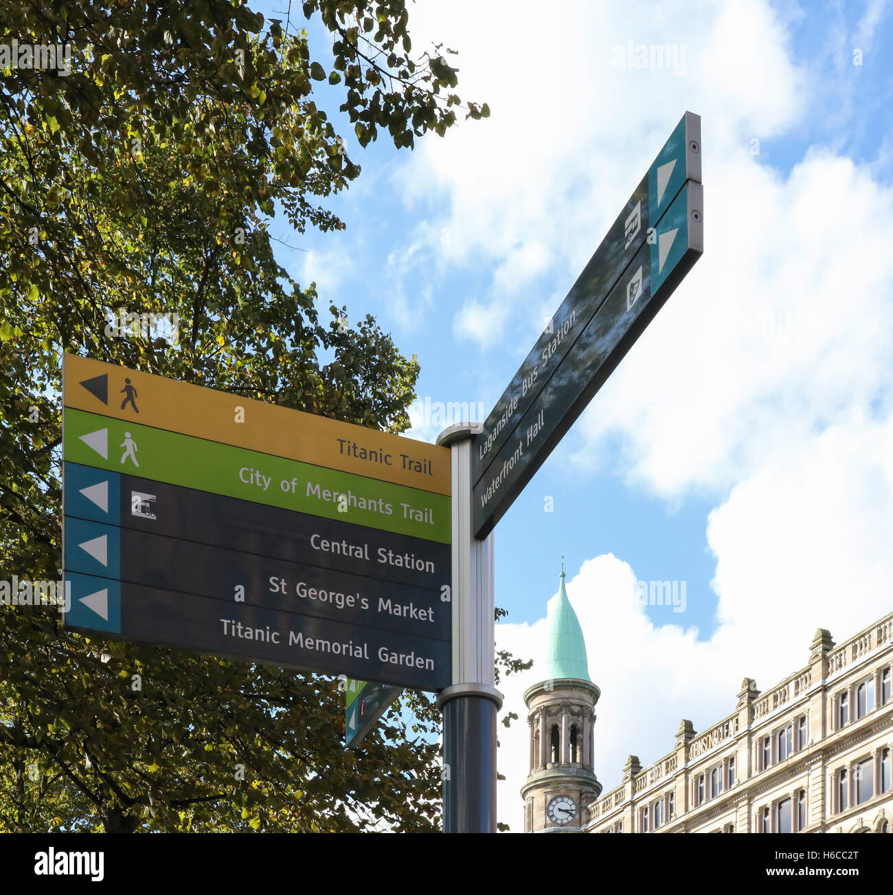 Direction signs for visitors and tourists in Belfast. The sign is in Donegall Square East. Stock Photo