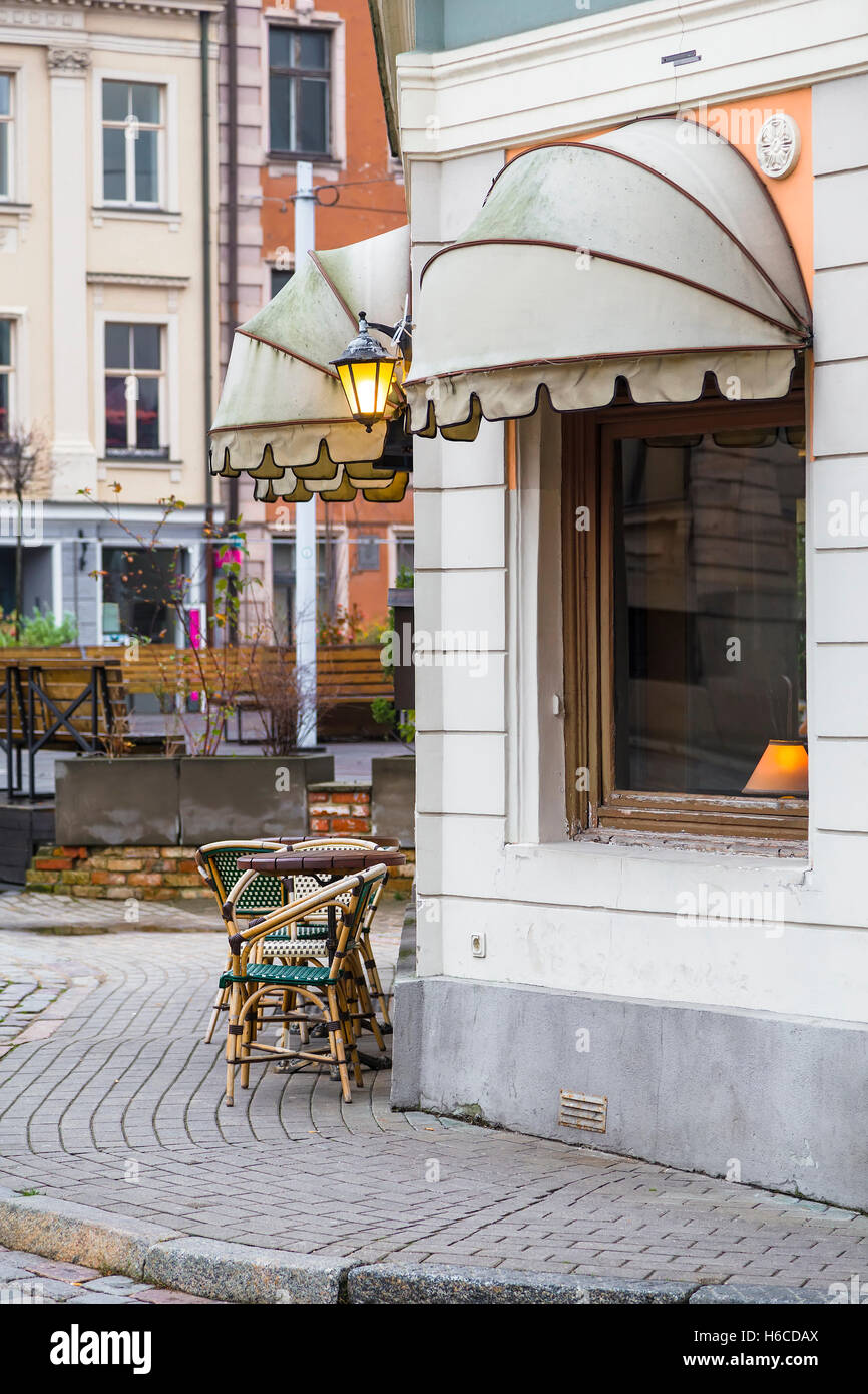 A small cozy café on the corner of the street. Riga. Latvia Stock Photo
