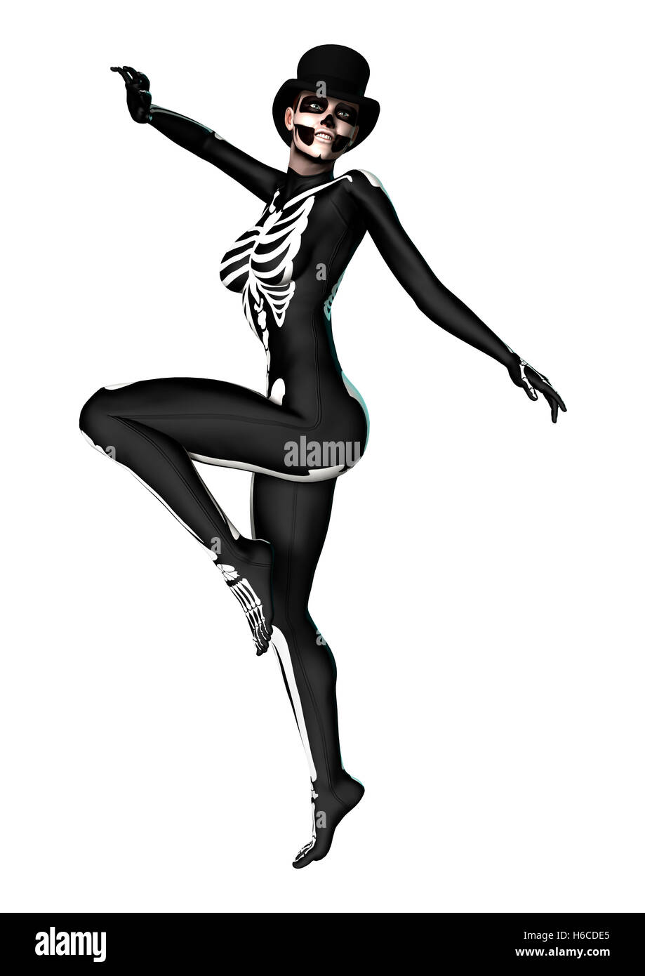 3D rendering of a young woman wearing a skeleton costume for Halloween party isolated on white background Stock Photo