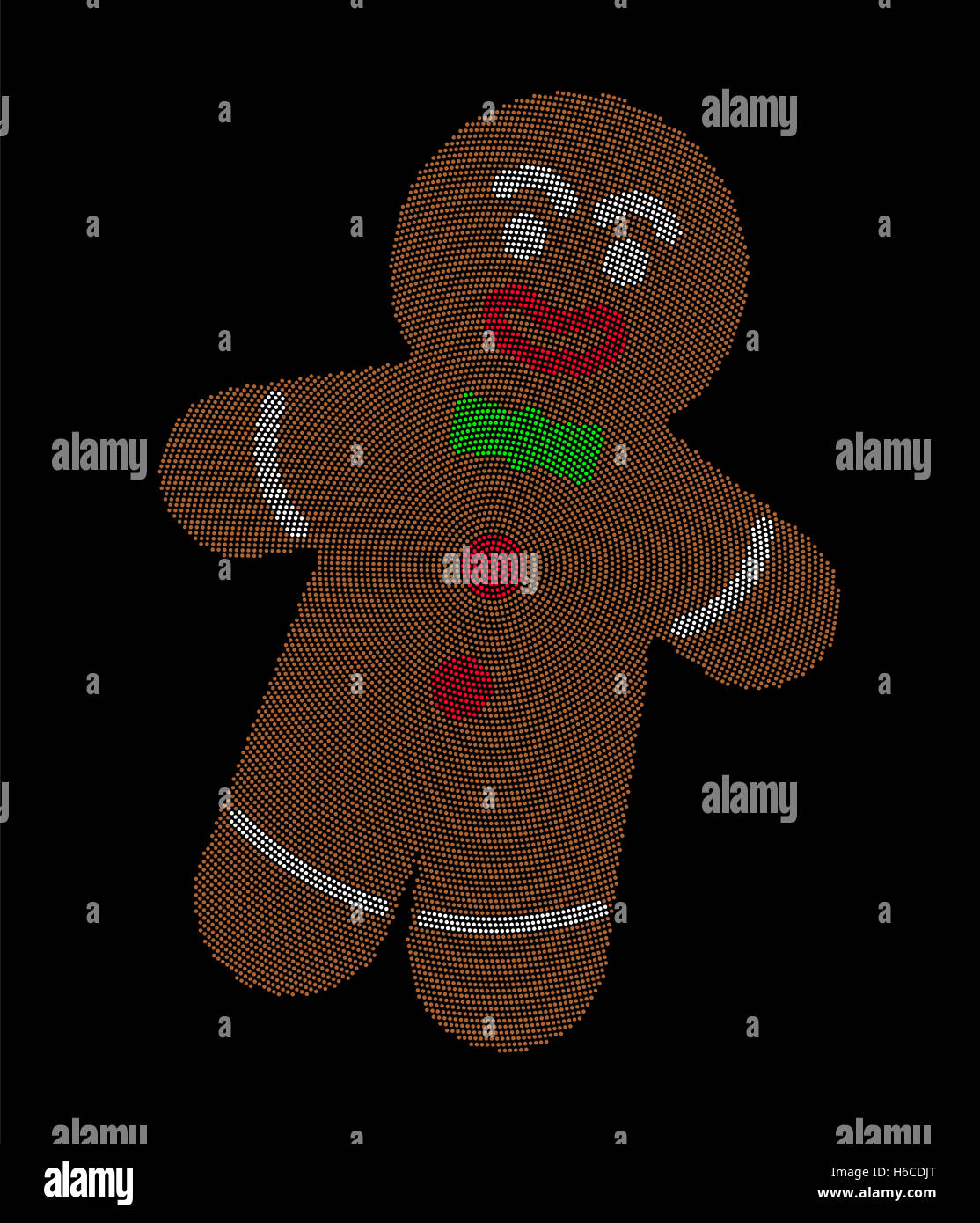 Gingerbread man radial dot pattern on black background in the shape of a stylized human. Characteristic Christmas symbol. Stock Photo
