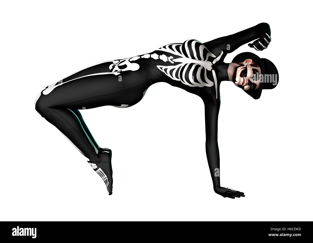 3D rendering of a young woman wearing a skeleton costume for Halloween party isolated on white background Stock Photo