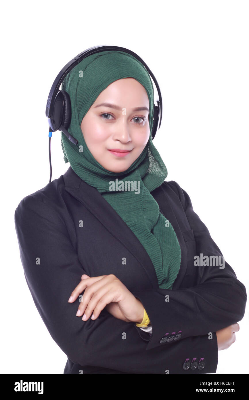 young muslim women helpline operator with headphones isolated on white ...