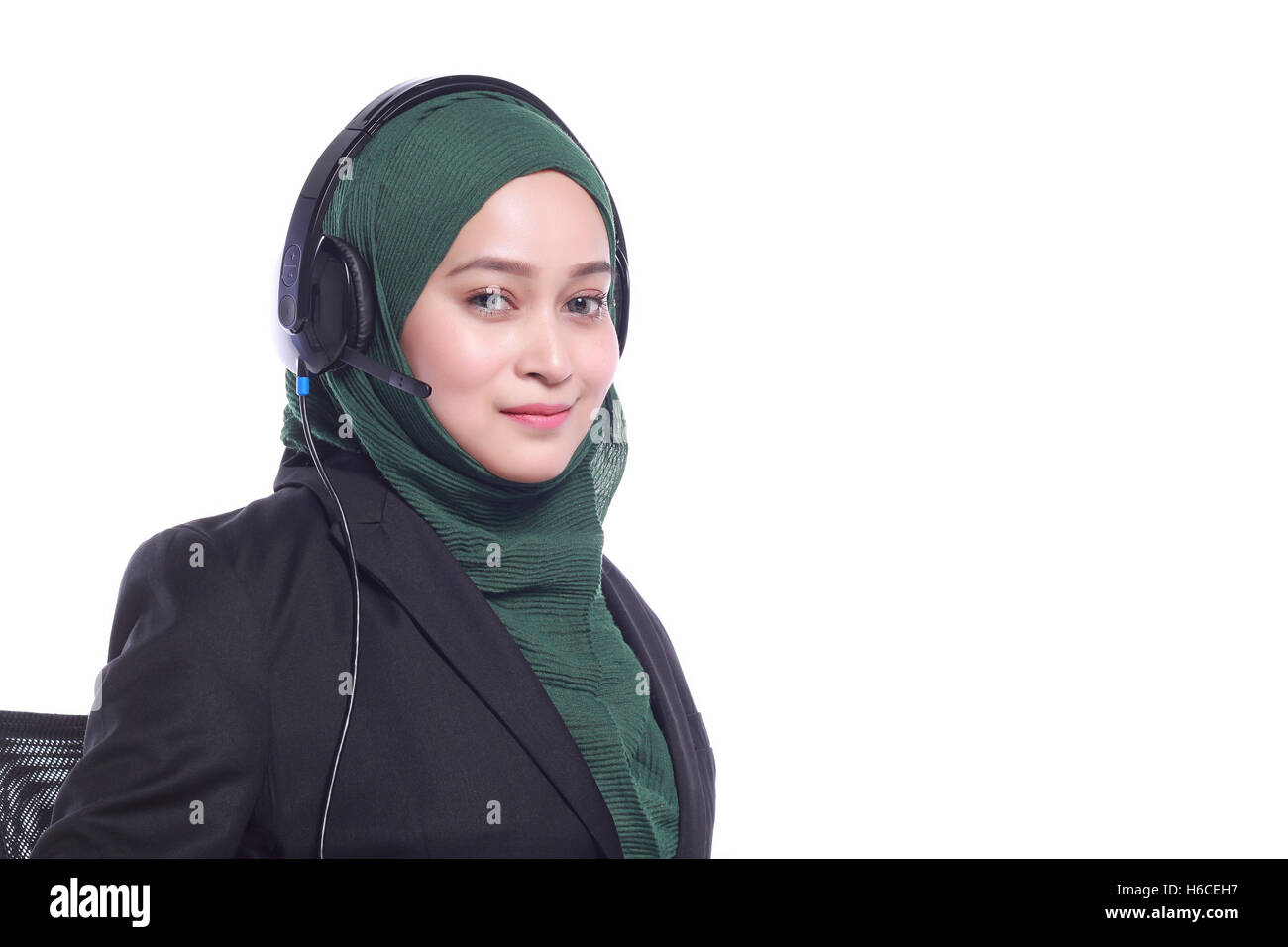 young muslim women helpline operator smiling isolated on white ...